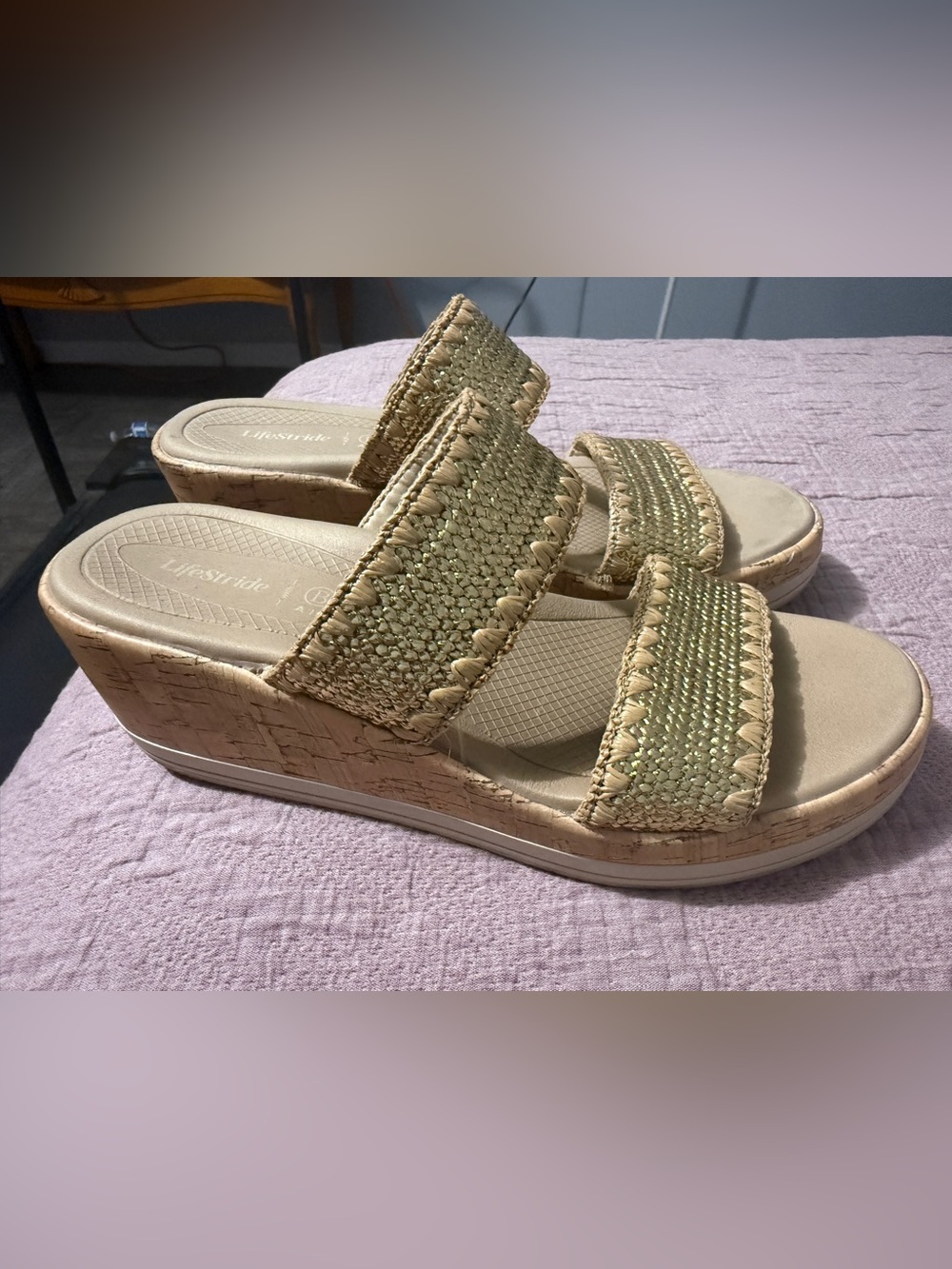 Life Stride Gold Braided Cork Wedge Sandals with Double Strap